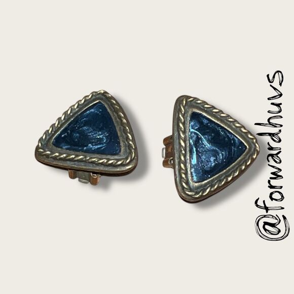 Bundle Sale 3 for $15 | Classic Gold Blue Enamel Clip-On Earrings - Picture 1 of 7